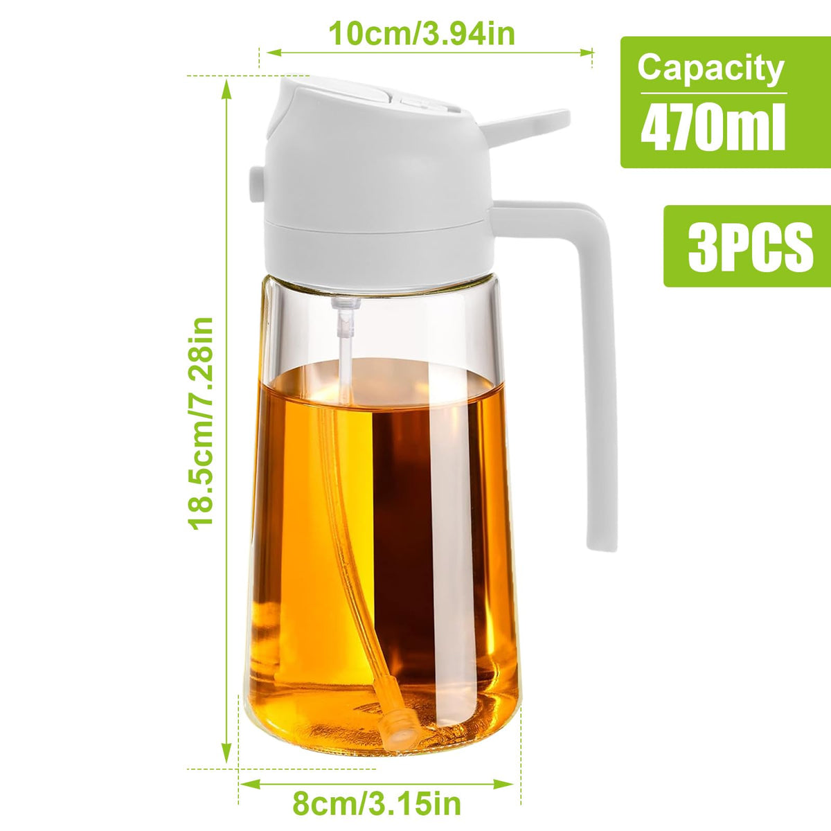TKSDWBLTY 3 Pack 16oz/470 ml Olive Oil Dispenser Bottle 2 in 1 Clear Glass Oil Sprayer and Container Refillable Dispenser with Automatic Cap Portable Spray Bottle for Cooking Baking White