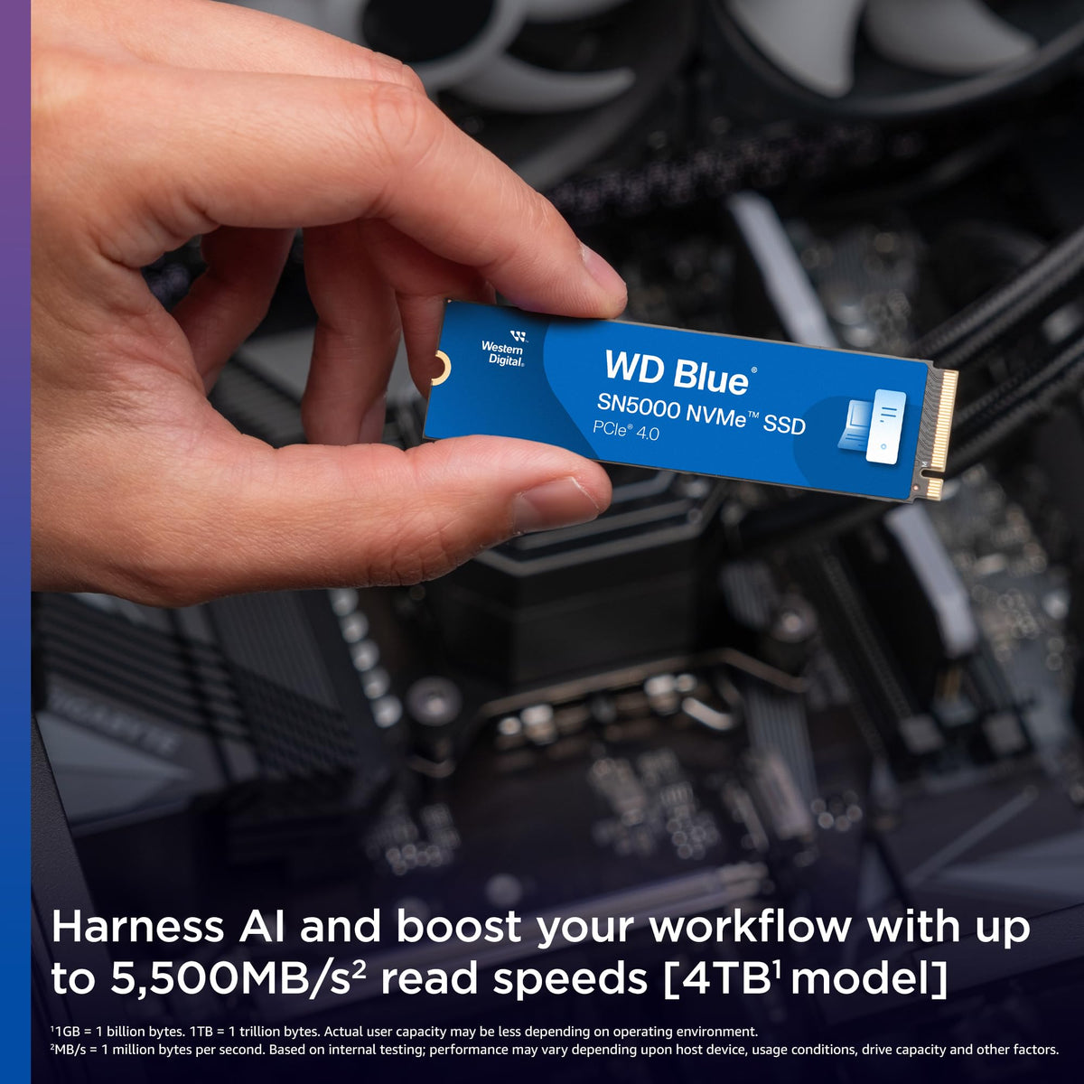 WD Blue SN5000 4TB SSD, M.2 2280 NVMe SSD, Read speeds up to 5500 MB/s, PCIe Gen4, nCache Technology, Free Acronis True Image data migration software, Internal solid state drive.
