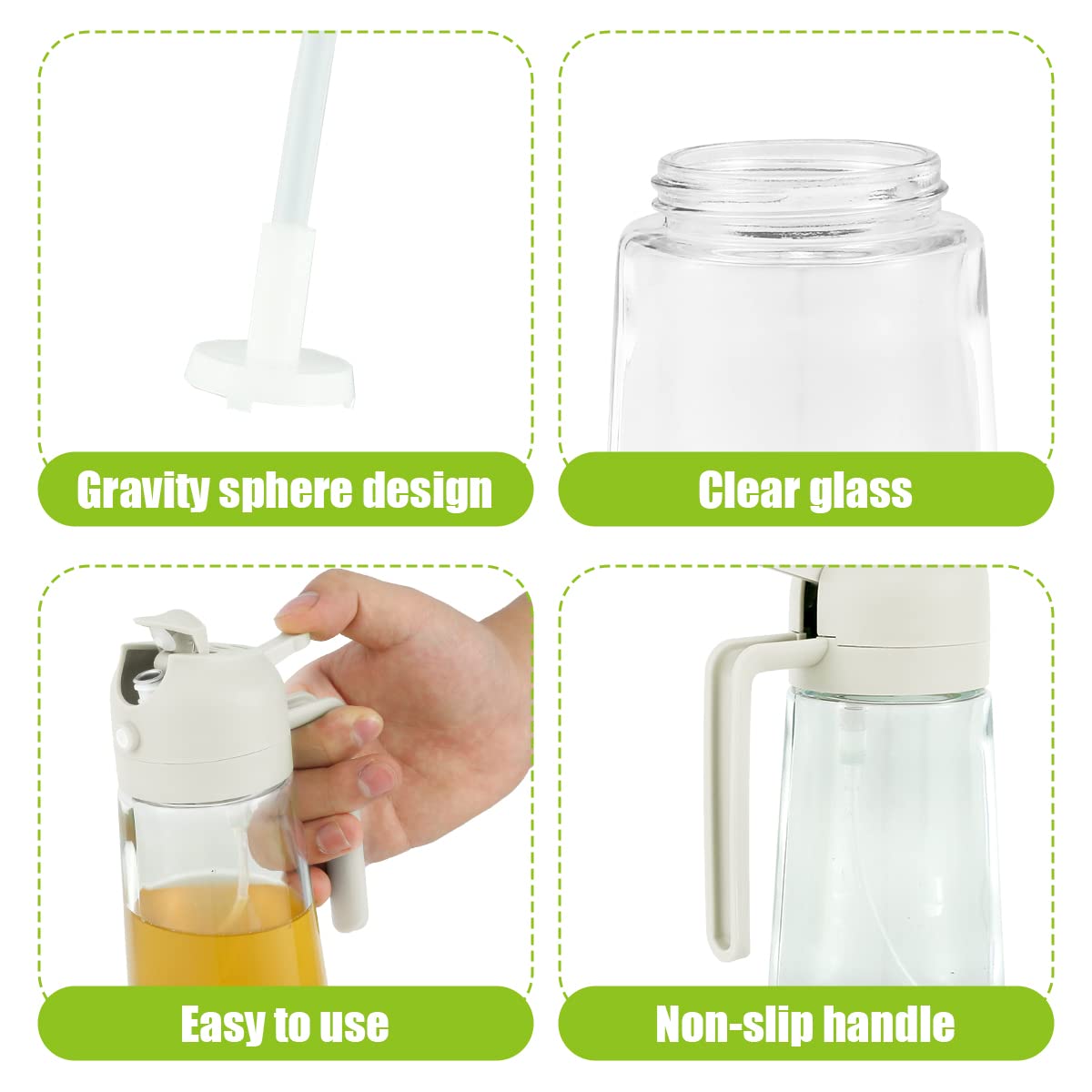 TKSDWBLTY 3 Pack 16oz/470 ml Olive Oil Dispenser Bottle 2 in 1 Clear Glass Oil Sprayer and Container Refillable Dispenser with Automatic Cap Portable Spray Bottle for Cooking Baking White
