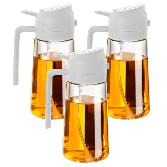 TKSDWBLTY 3 Pack 16oz/470 ml Olive Oil Dispenser Bottle 2 in 1 Clear Glass Oil Sprayer and Container Refillable Dispenser with Automatic Cap Portable Spray Bottle for Cooking Baking White