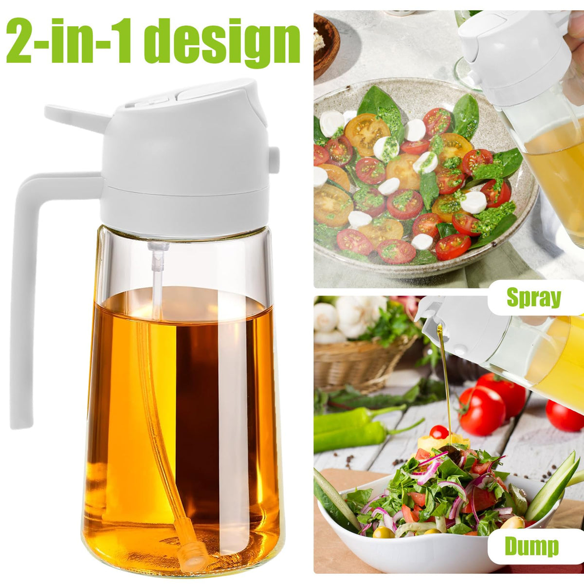 TKSDWBLTY 3 Pack 16oz/470 ml Olive Oil Dispenser Bottle 2 in 1 Clear Glass Oil Sprayer and Container Refillable Dispenser with Automatic Cap Portable Spray Bottle for Cooking Baking White