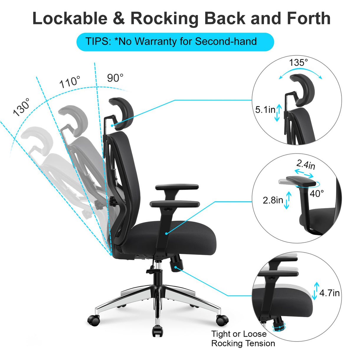 Ticova Ergonomic Office Chair - High Back Desk Chair with Adjustable Lumbar Support, Headrest & 3D Armrest - 130°Rocking Mesh Computer Chair