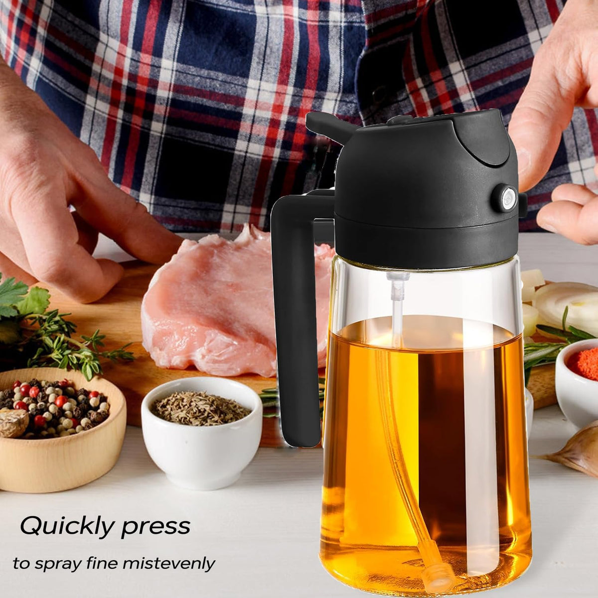 TKSDWBLTY 4 Pack 16oz/470 ml Olive Oil Dispenser Bottle 2 in 1 Clear Glass Oil Sprayer and Container Refillable Vinegar Dispenser with Automatic Cap Portable Spray Bottle for Cooking Baking Orange