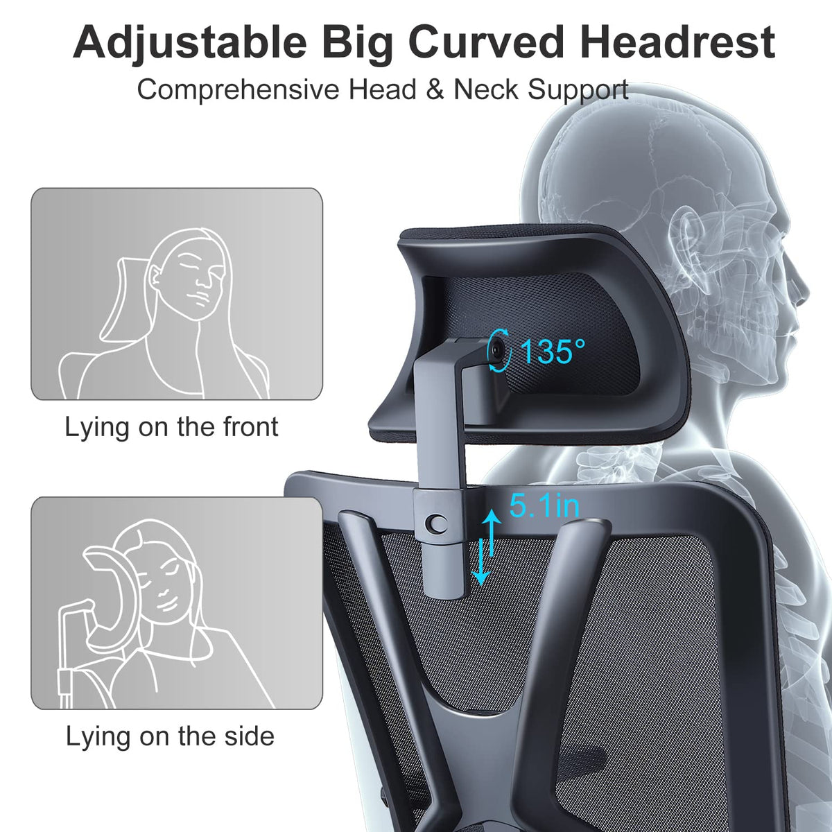 Ticova Ergonomic Office Chair - High Back Desk Chair with Adjustable Lumbar Support, Headrest & 3D Armrest - 130°Rocking Mesh Computer Chair