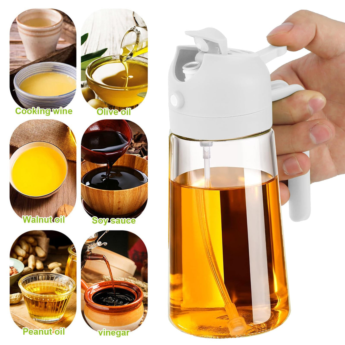 TKSDWBLTY 3 Pack 16oz/470 ml Olive Oil Dispenser Bottle 2 in 1 Clear Glass Oil Sprayer and Container Refillable Dispenser with Automatic Cap Portable Spray Bottle for Cooking Baking White