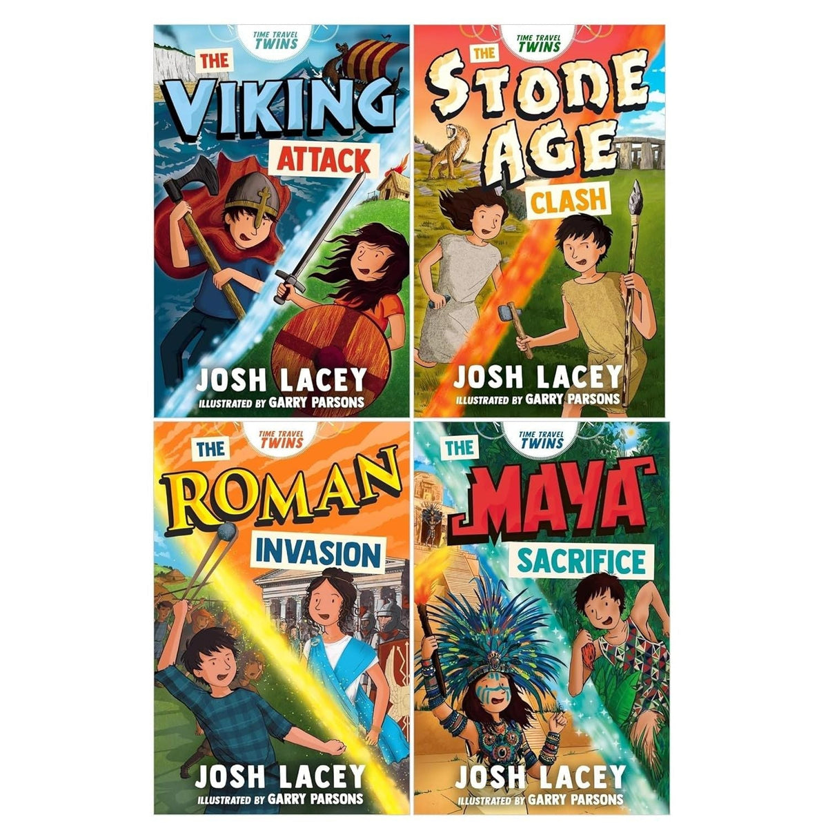Time Travel Twins Series 4 Books Collection Set by Josh Lacey (Viking Attack, Stone Age Clash, Roman Invasion, Maya Sacrifice) - OilBoyal
