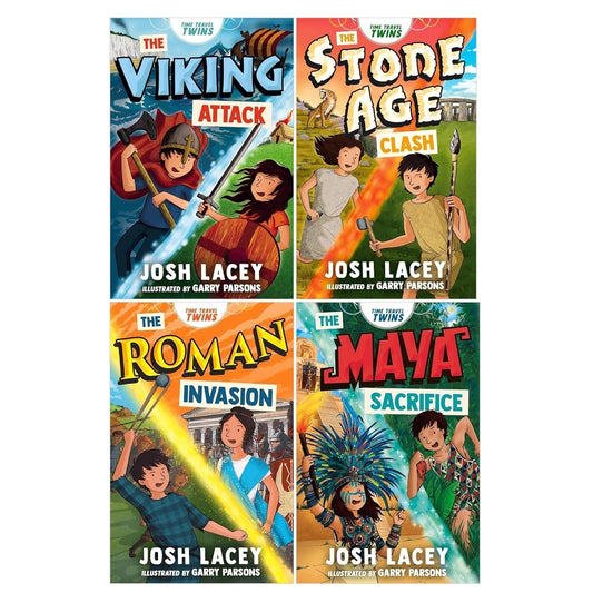 Time Travel Twins Series 4 Books Collection Set by Josh Lacey (Viking Attack, Stone Age Clash, Roman Invasion, Maya Sacrifice) - OilBoyal