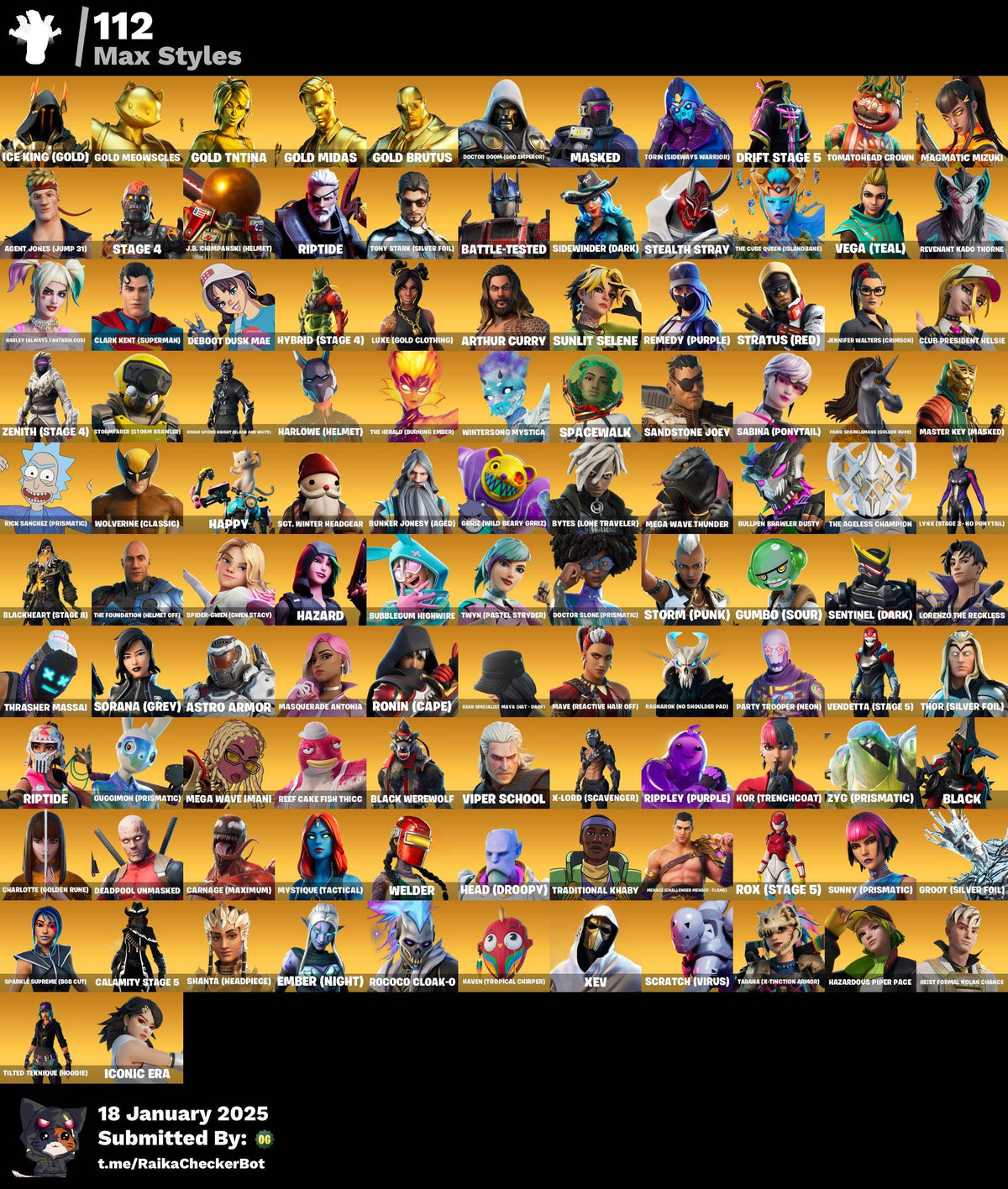 Fortnite Account - OG STW, IKONIK, Rogue Spider Knight, Merry Mint Axe, 112 Max Styles | 369 Skins