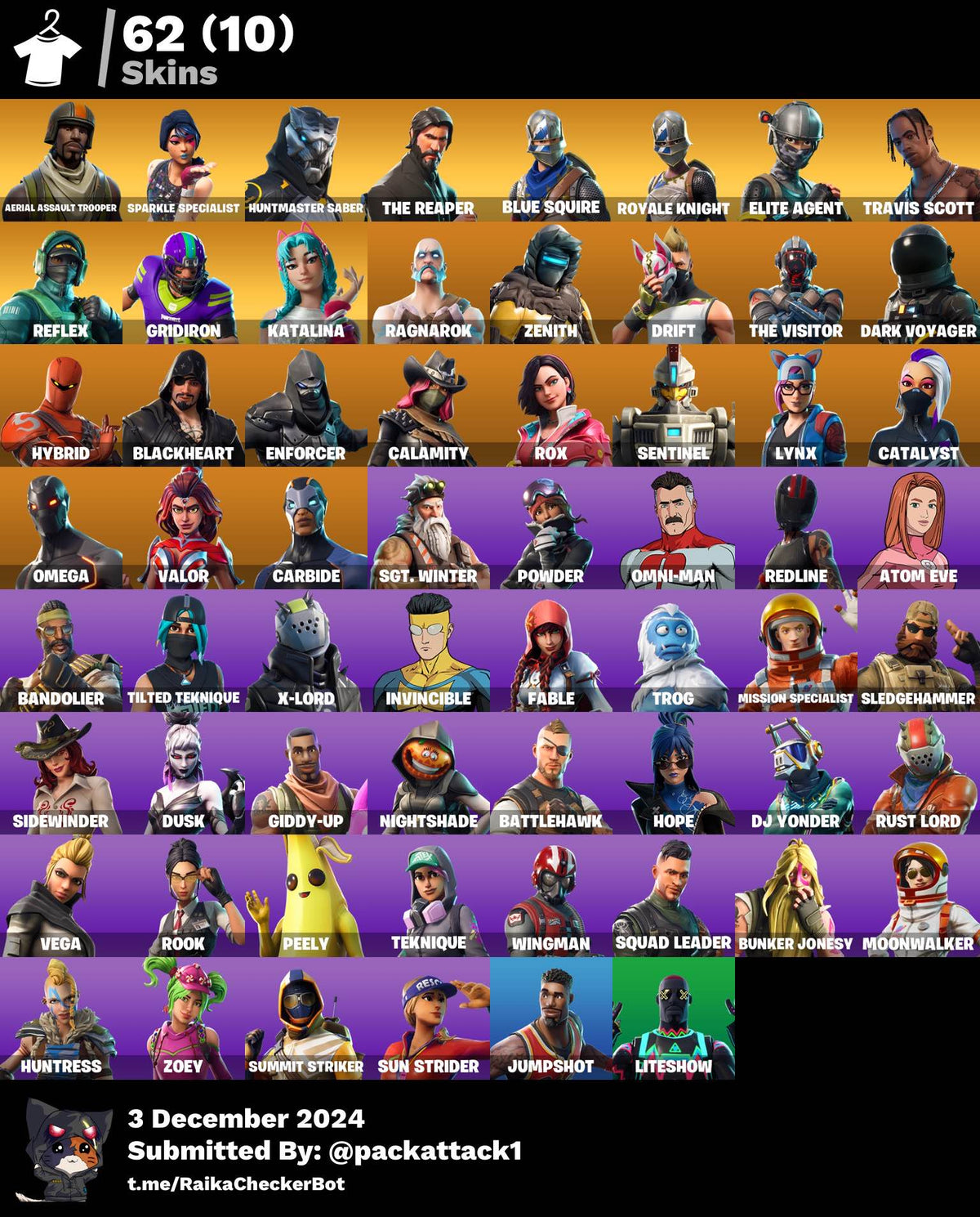 Fortnite Account - 62 Skins | Aerial Assault Trooper, Sparkle Specialist, Travis Scott