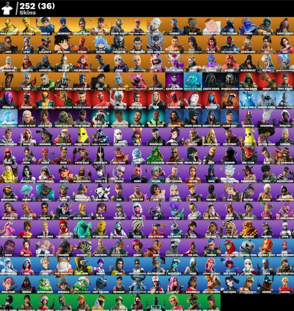 Fortnight , 250+ skins, Chun Li, Ryu, Gwen, All Lara skins, Rogue Agent